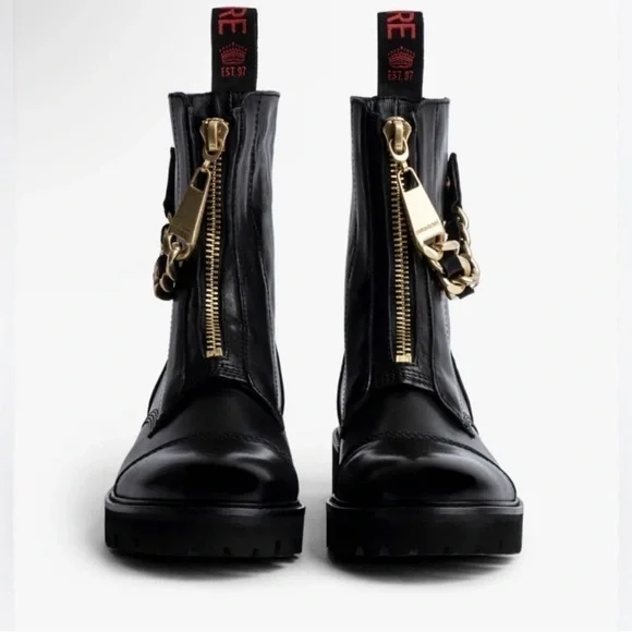 Zadig & Voltaire Joe Cecilia leather combat moto boots with gold chain NWT 37/6 - Picture 6 of 17